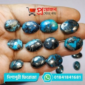 Array of eleven polished oval natural Persian Nishapuri Turquoise gemstones displayed across an open hand by Proyojonstore