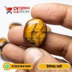Close-up of a brilliant bright yellow-golden oval Tiger's Eye stone held between fingers by Proyojonstore