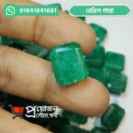 Detailed macro view of a rich green rectangular faceted Beryl Emerald gemstone held between fingers by Proyojonstore