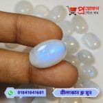 Macro view of a smooth oval natural Ceylon Blue Moonstone gemstone with strong blue reflection held between fingers by Proyojonstore