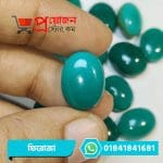 Macro view of a smooth symmetrical oval blue-green natural Feroza Turquoise gemstone held between fingers by Proyojonstore
