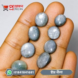 Multiple natural Star Blue Sapphire stones lying on open hand palm at Proyojonstore
