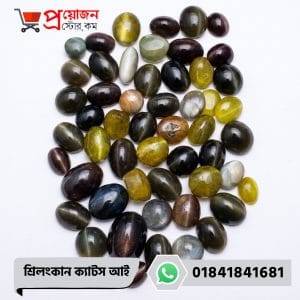 Bulk lot of loose polished oval natural green, yellow, and black Srilankan Cat's Eye gemstone cabochons on a white background by Proyojonstore