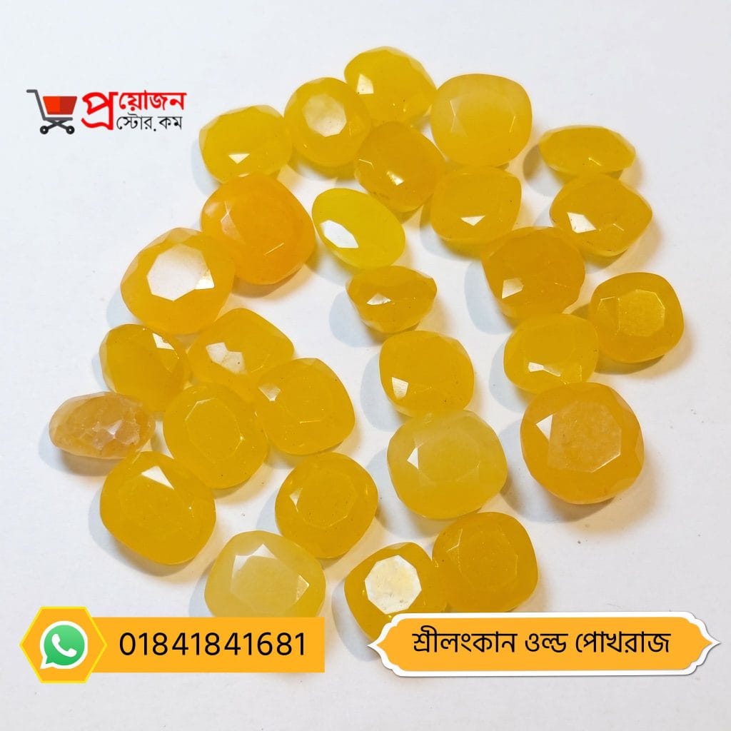 Bulk lot of loose faceted oval and cushion cut butter-yellow Srilankan Old Yellow Sapphire gemstones on a white background by Proyojonstore
