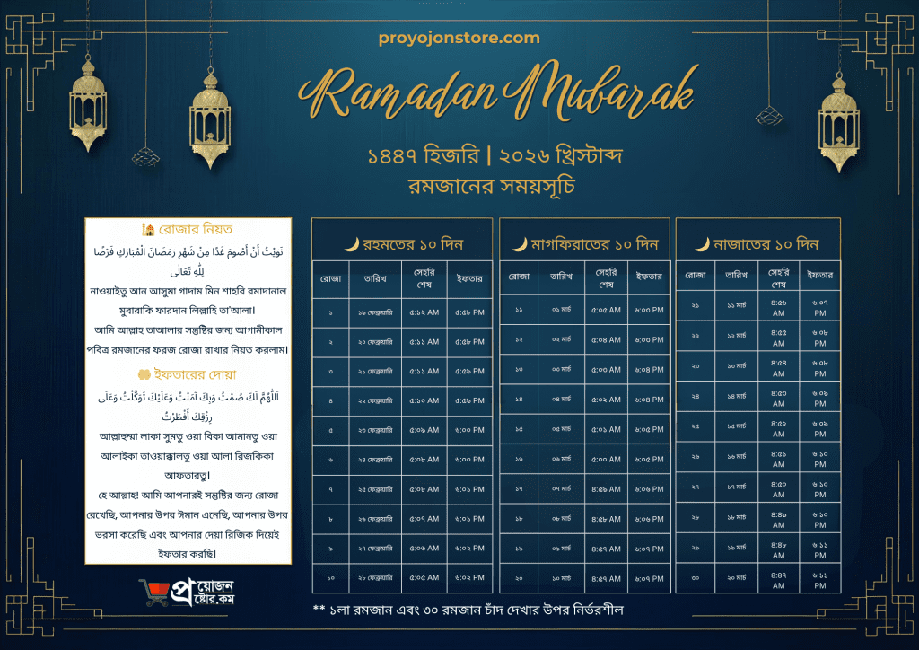 ঢাকা রমজান ২০২৬ – সেহরি ও ইফতার সময়সূচি Dhaka Ramadan 2026 – Sehri and Iftar Timings