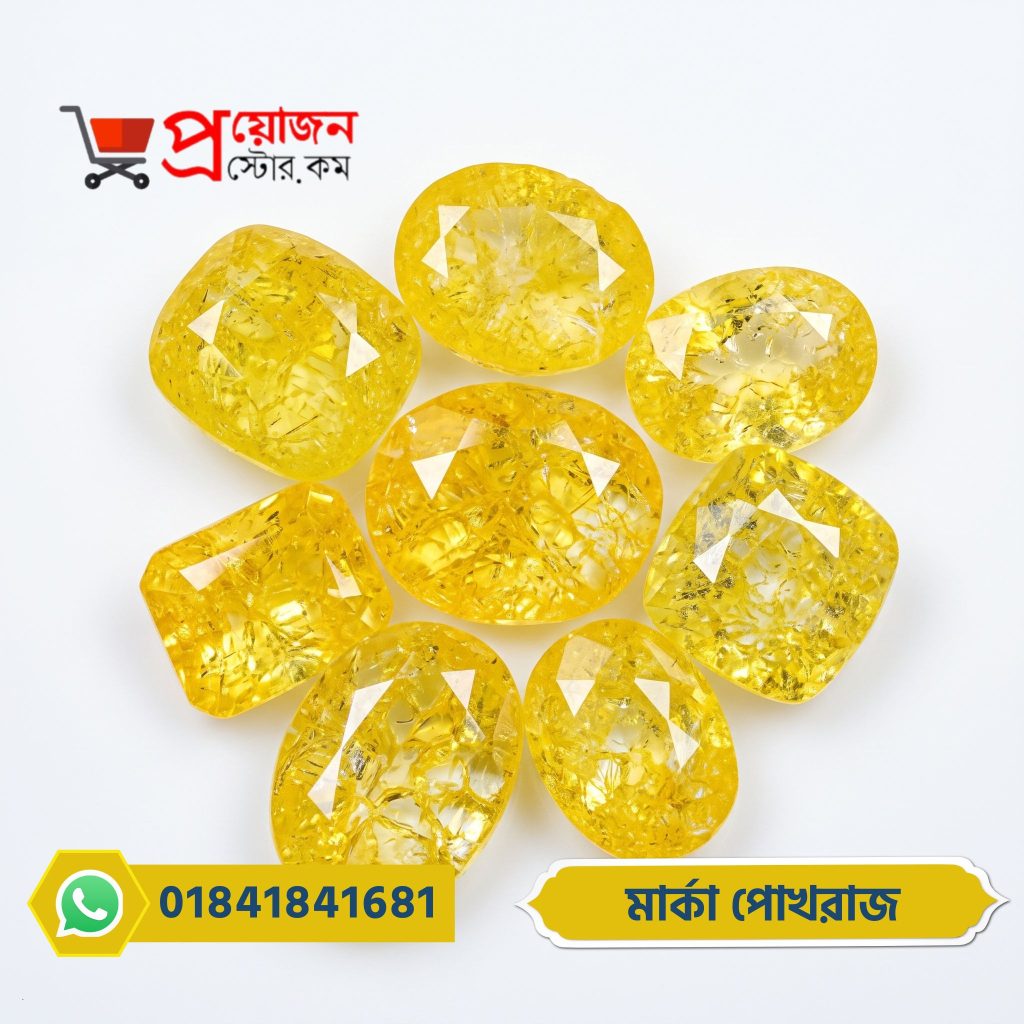 Symmetrical display of loose faceted oval, cushion, and rectangular bright yellow Marka Yellow Sapphire gemstones on a white background by Proyojonstore
