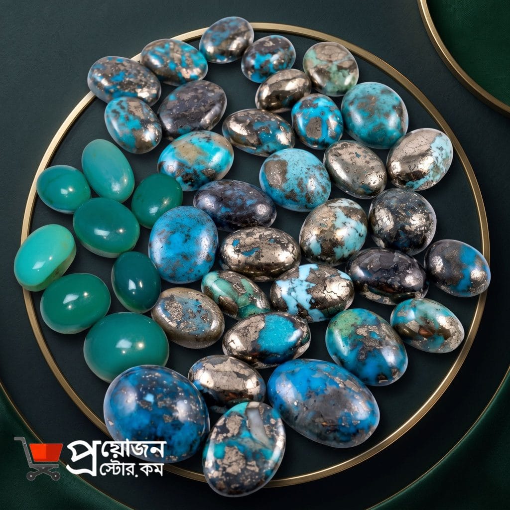 Collection of natural certified Firoza stones and polished turquoise oval cabochons with golden pyrite matrix by Proyojon Store.