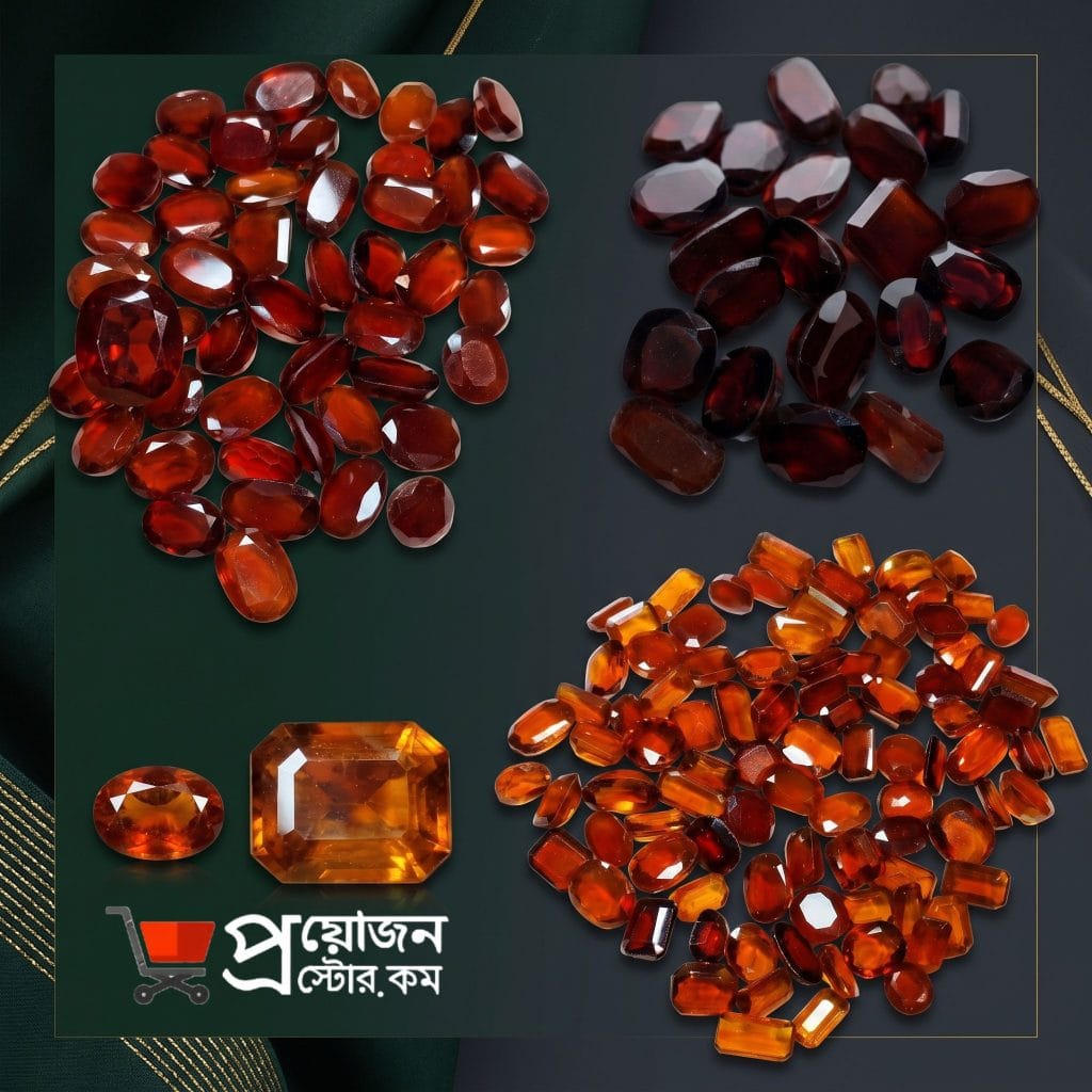 Collection of natural certified Gomed stones and cut Hessonite Garnet gemstones in honey to deep reddish-brown shades by Proyojon Store.