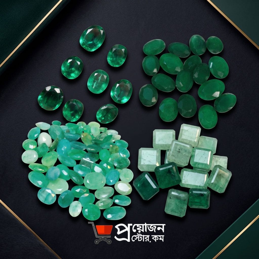 Collection of natural certified Panna stones and vibrant green emerald gemstones in various cuts and shapes by Proyojon Store.