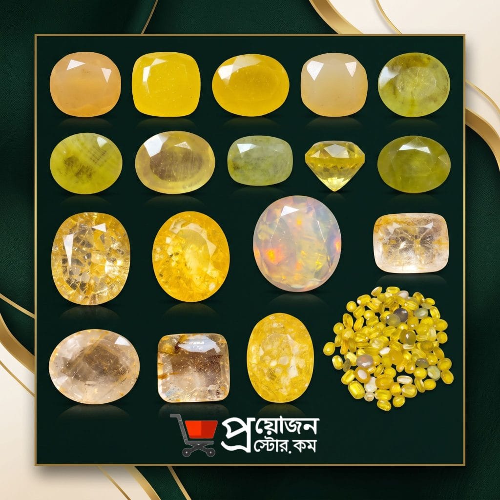 Collection of certified natural Pokhraj stones and faceted yellow sapphire gemstones in various shapes and cuts by Proyojon Store.
