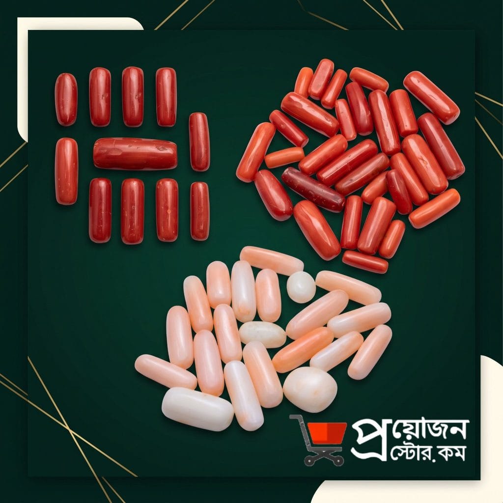 Collection of certified natural Probal gemstones featuring red coral and white coral in capsule and cabochon cuts by Proyojon Store.