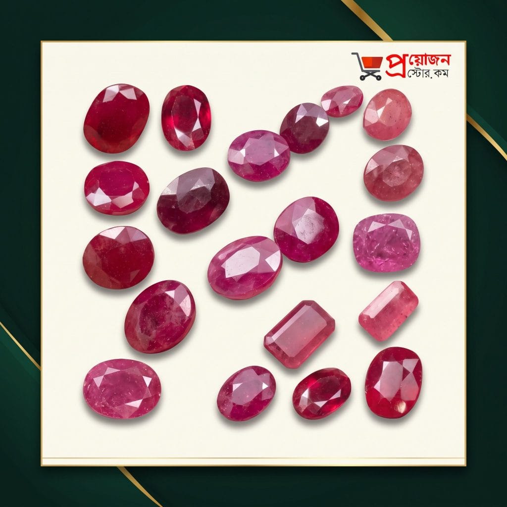 Collection of natural certified Ruby stones and faceted Chuni gemstones in deep red shades and multiple cuts by Proyojon Store.